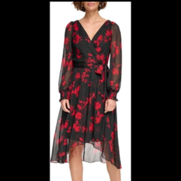 DKNY Floral Chiffon Fit & Flare Dress with Balloon Sleeves & Faux Wrap Skirt - Picture 1 of 6